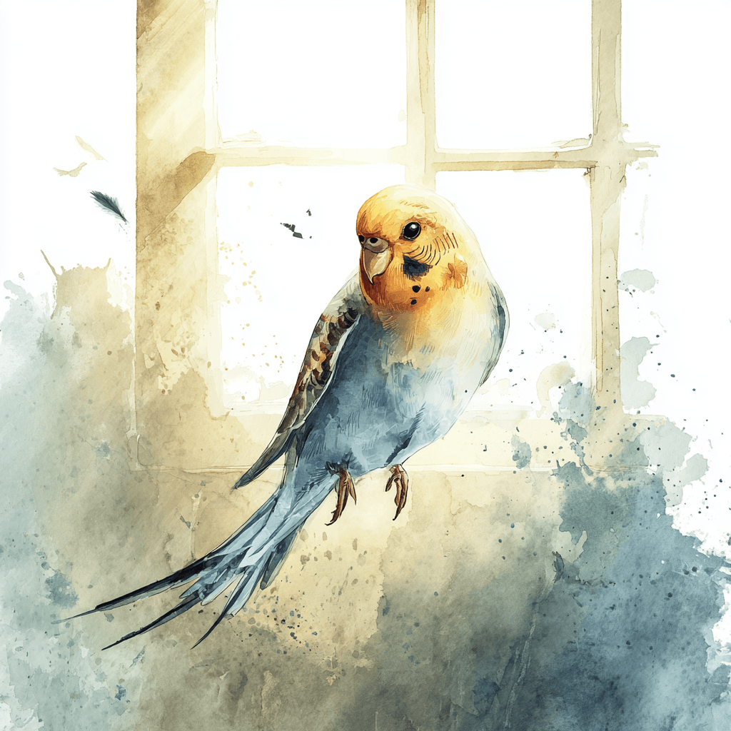 Watercolor of a small bird on a window perch
