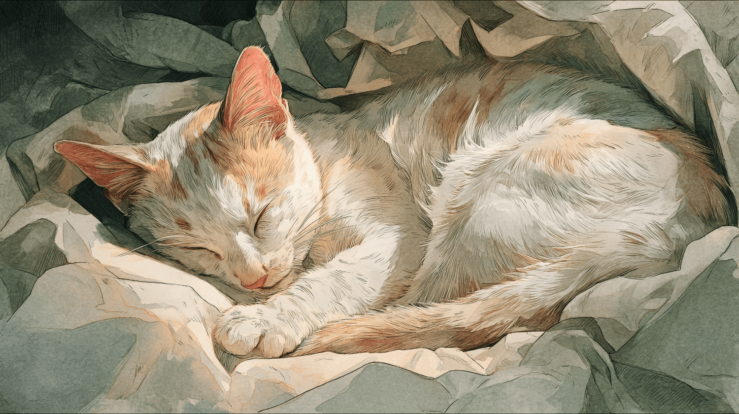 A companion asleep, curled in soft blankets