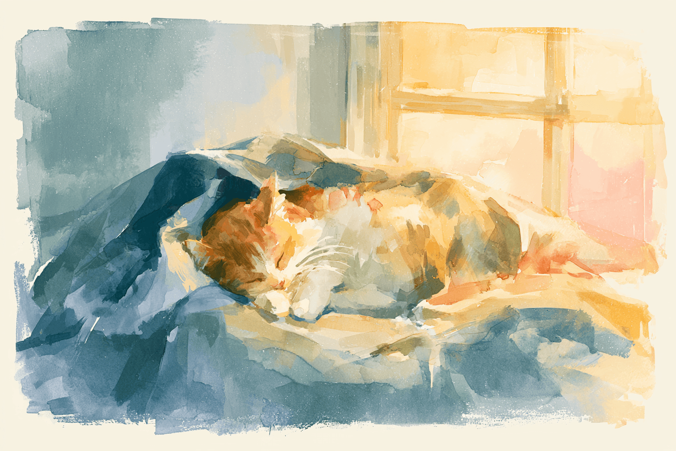 Watercolor of a cat asleep, gently wrapped in a soft blanket beside a sunlit window