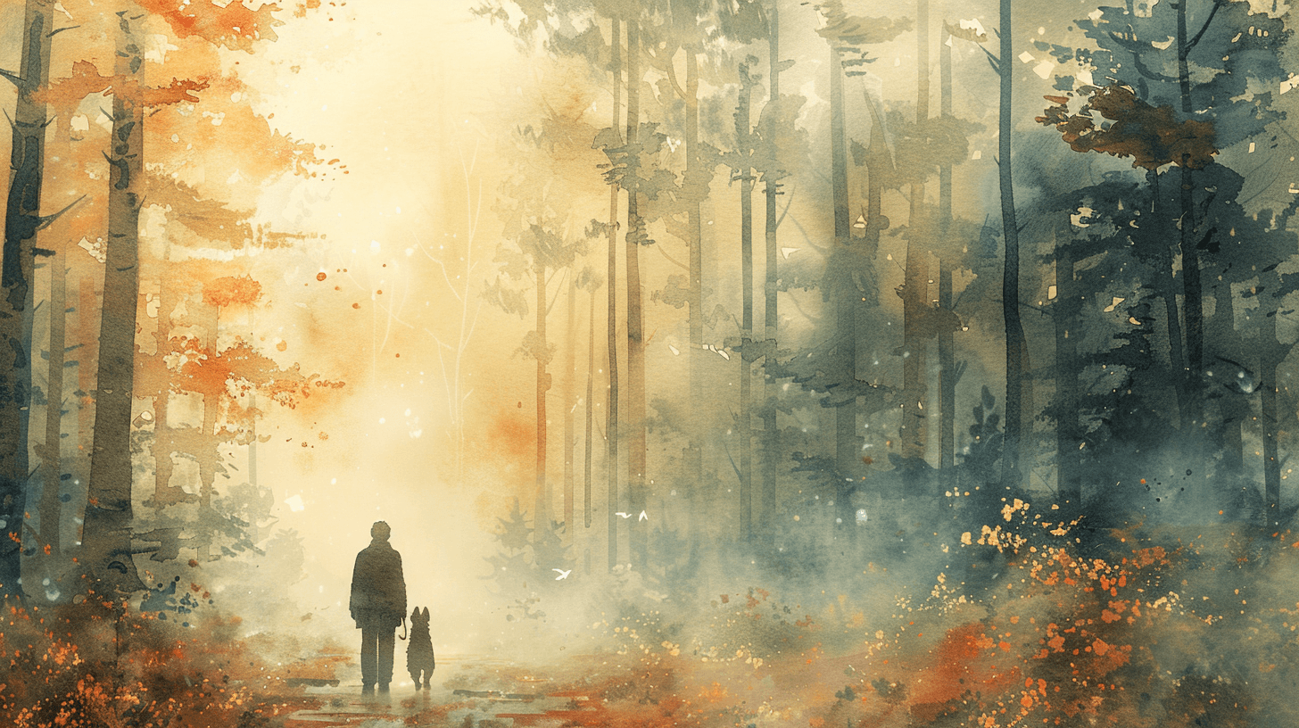 A person and their companion walking together on a quiet misty path