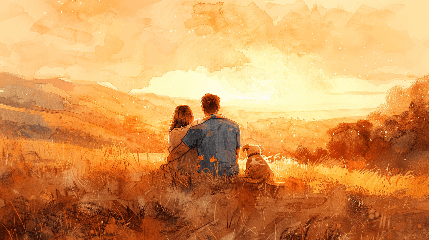 A couple and their companion watching the sunset together over rolling hills