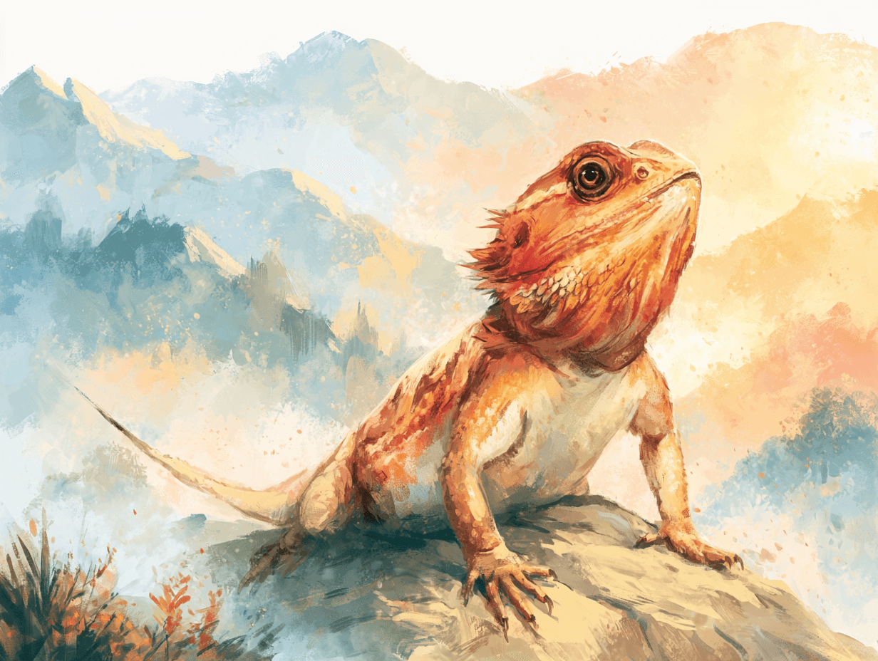 Watercolor of a bearded dragon on a stone with mountain mist behind