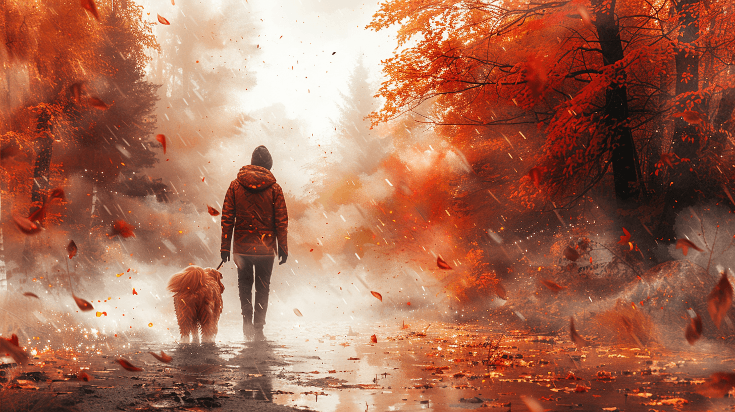 A family member walking with their golden companion through autumn light