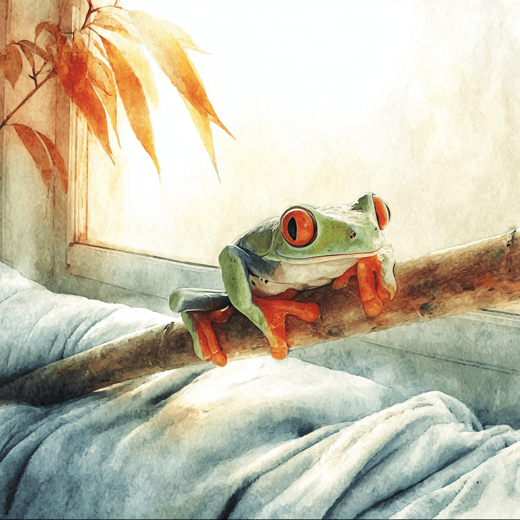 Watercolor of a frog among soft greenery