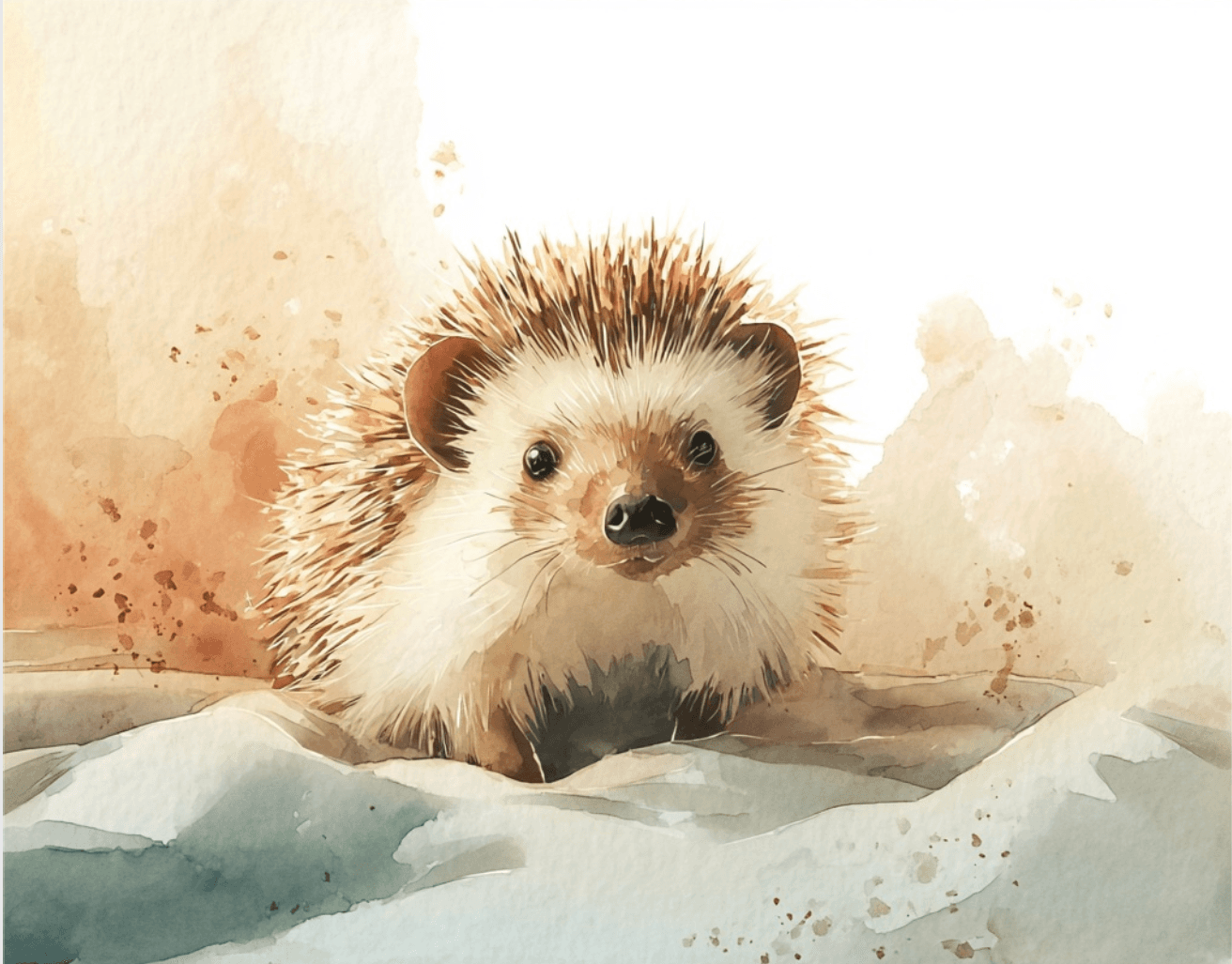 Watercolor of a hedgehog among soft grasses