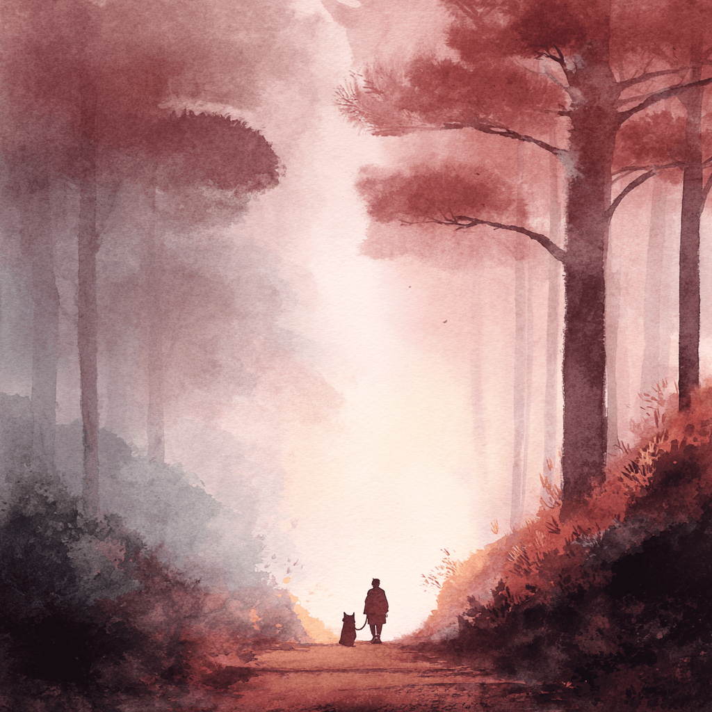 A person walking with their companion down a misty autumn forest path