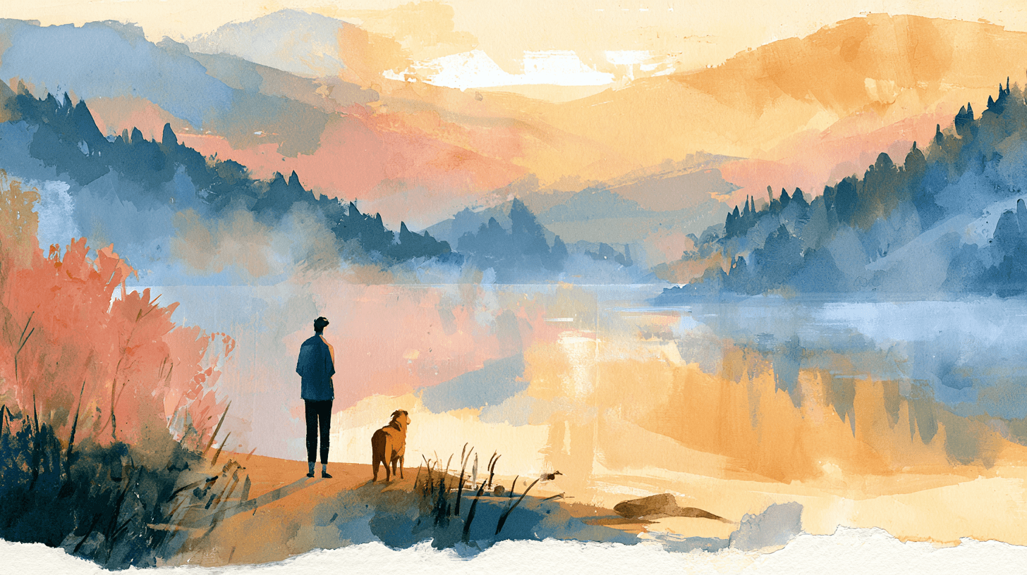 A person and their senior companion standing together at a misty Blue Ridge lakeshore at dawn