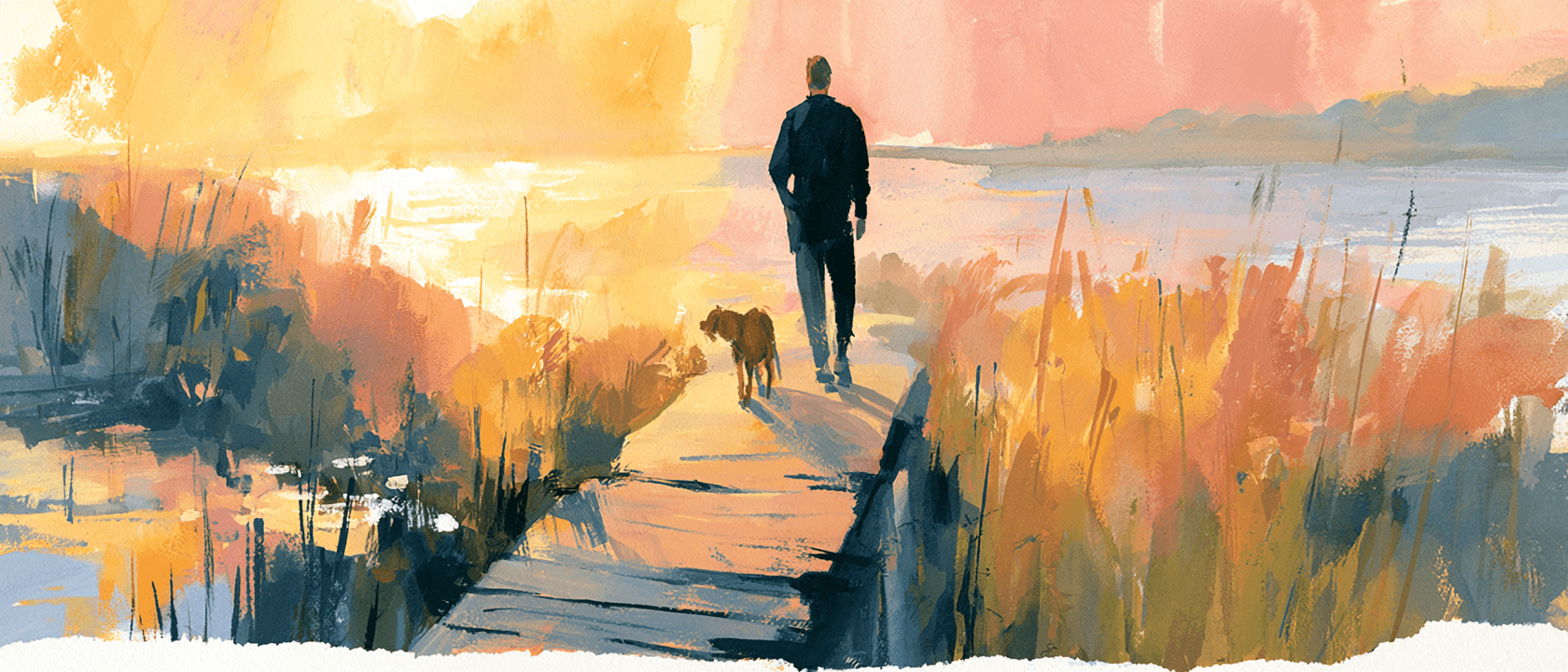 A person and their dog walking a boardwalk through a golden Carolina marsh at sunset