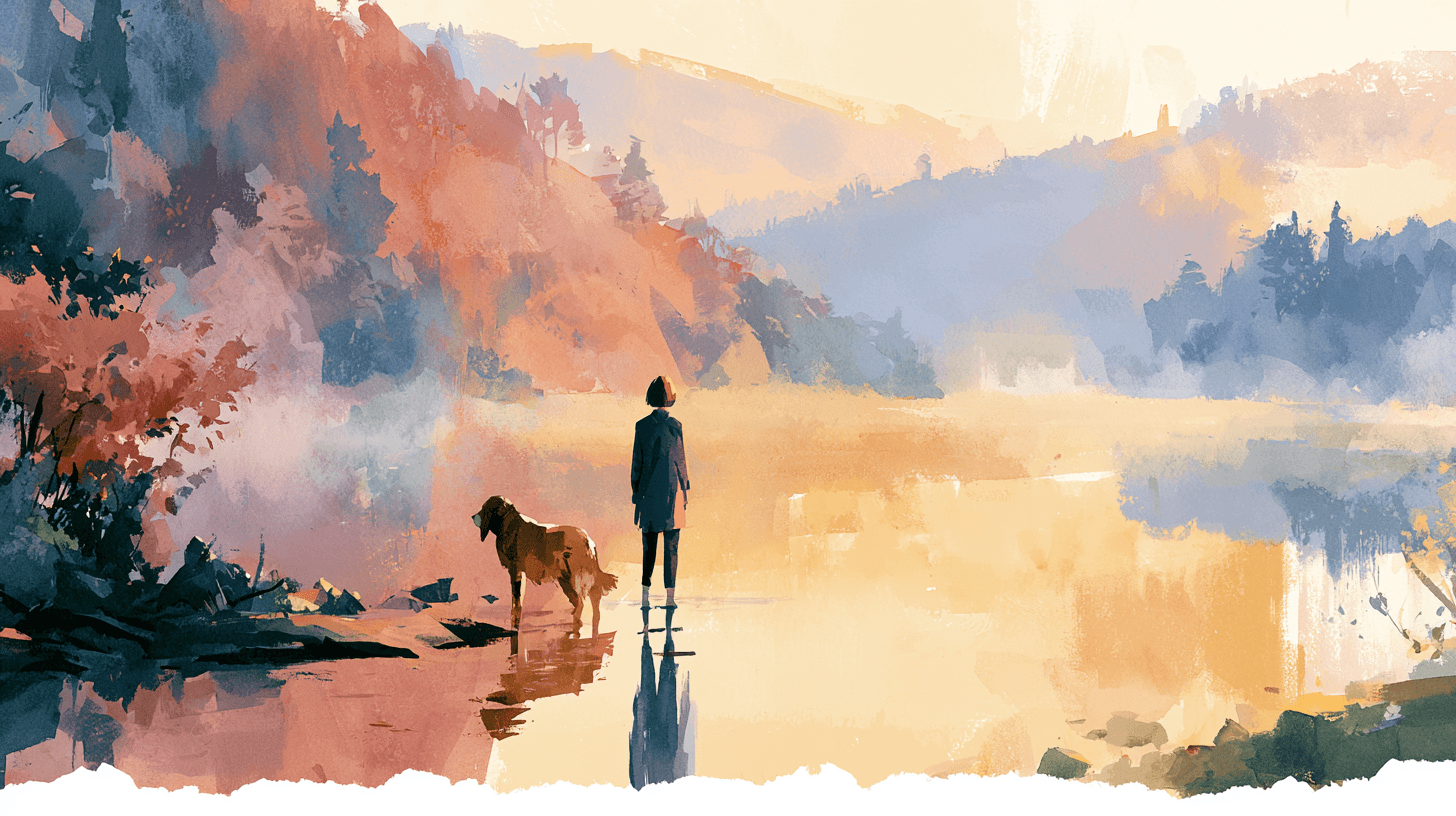 A person and their senior golden companion standing together at the edge of still water, mountains rising beyond