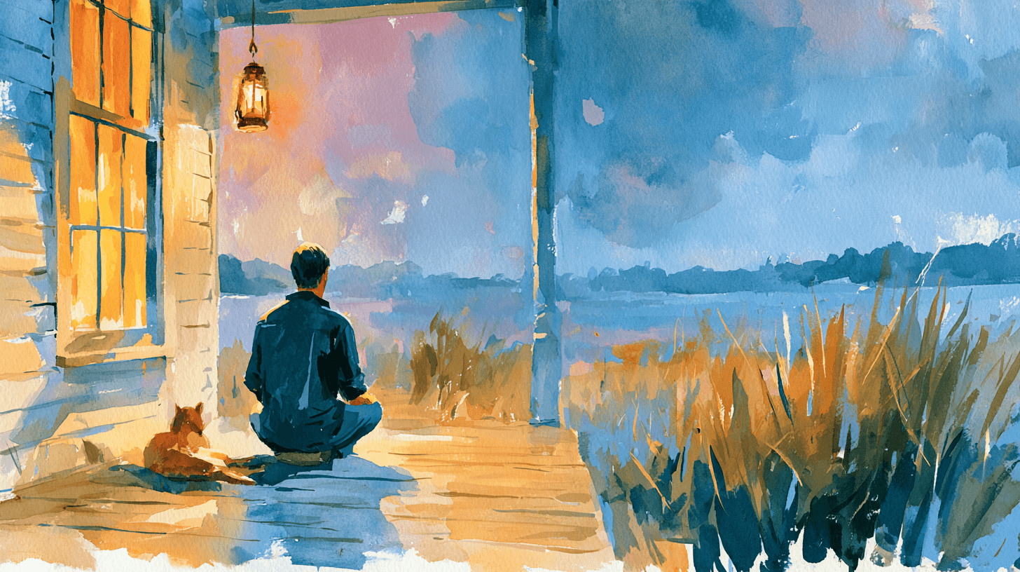 A person and their companion resting on a porch at dusk, a lit lantern glowing beside the window