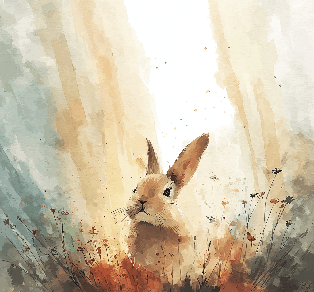 Watercolor of a rabbit in a wildflower meadow
