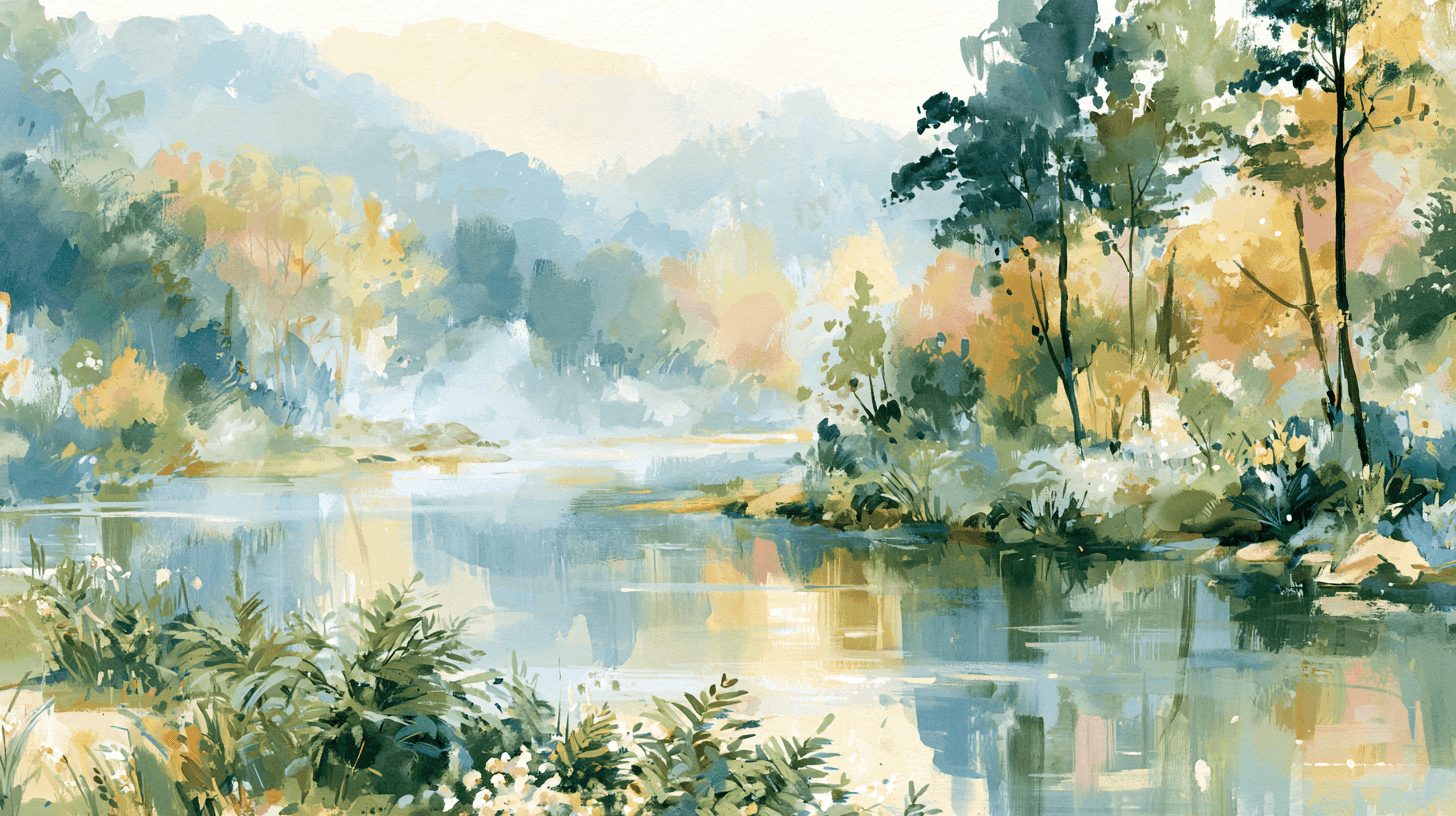 A misty Carolina river bend at first light, still water among soft green banks