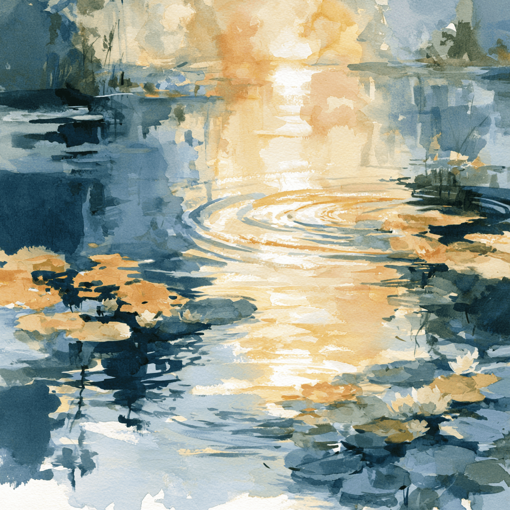 Still water at dawn — lily pads and soft ripples catching the first light