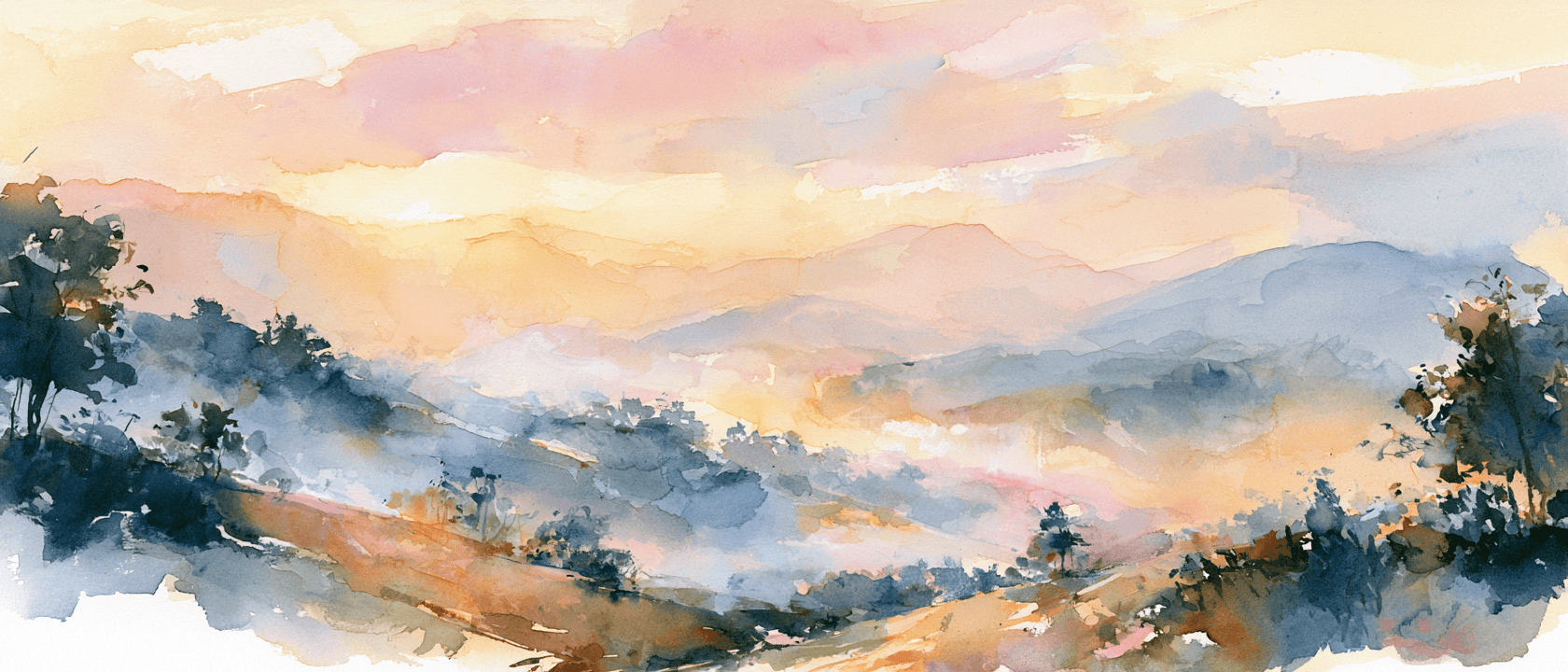 Watercolor of a soft sunrise over rolling North Carolina hills