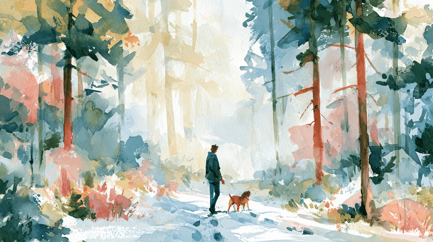 A person walking with their dog along a quiet snowy forest trail in soft morning mist
