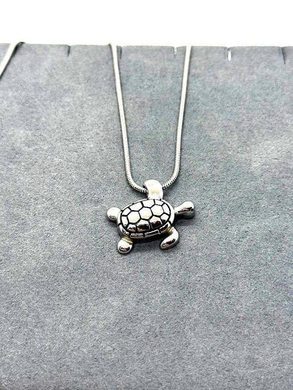 Silver turtle-shaped pendant.