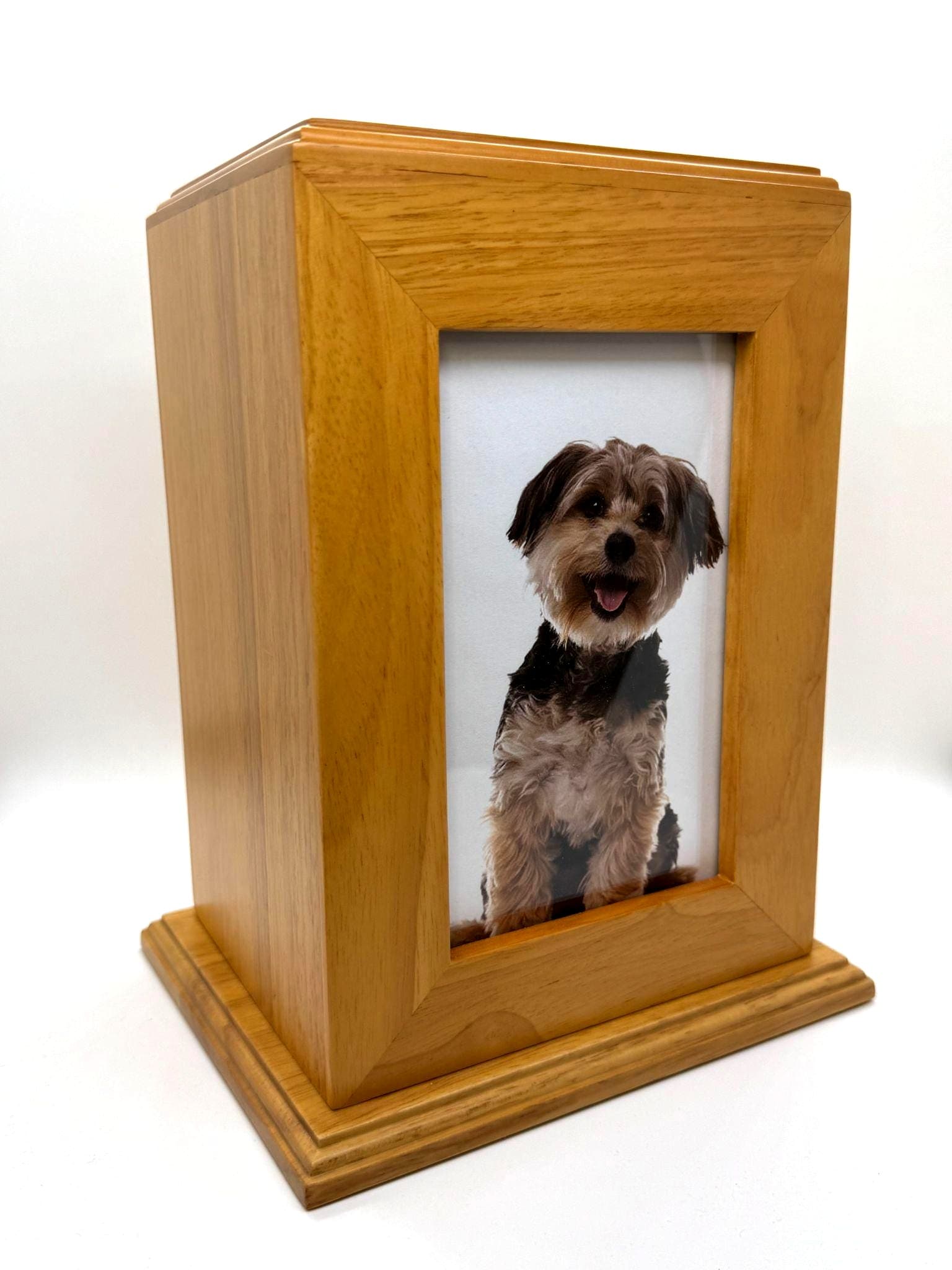 Tower-style maple wood photo urn with frame window in portrait orientation.