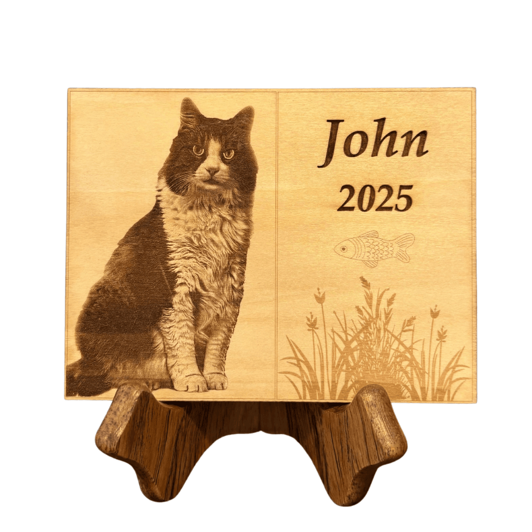 Pet photo laser-engraved on a wooden disc.