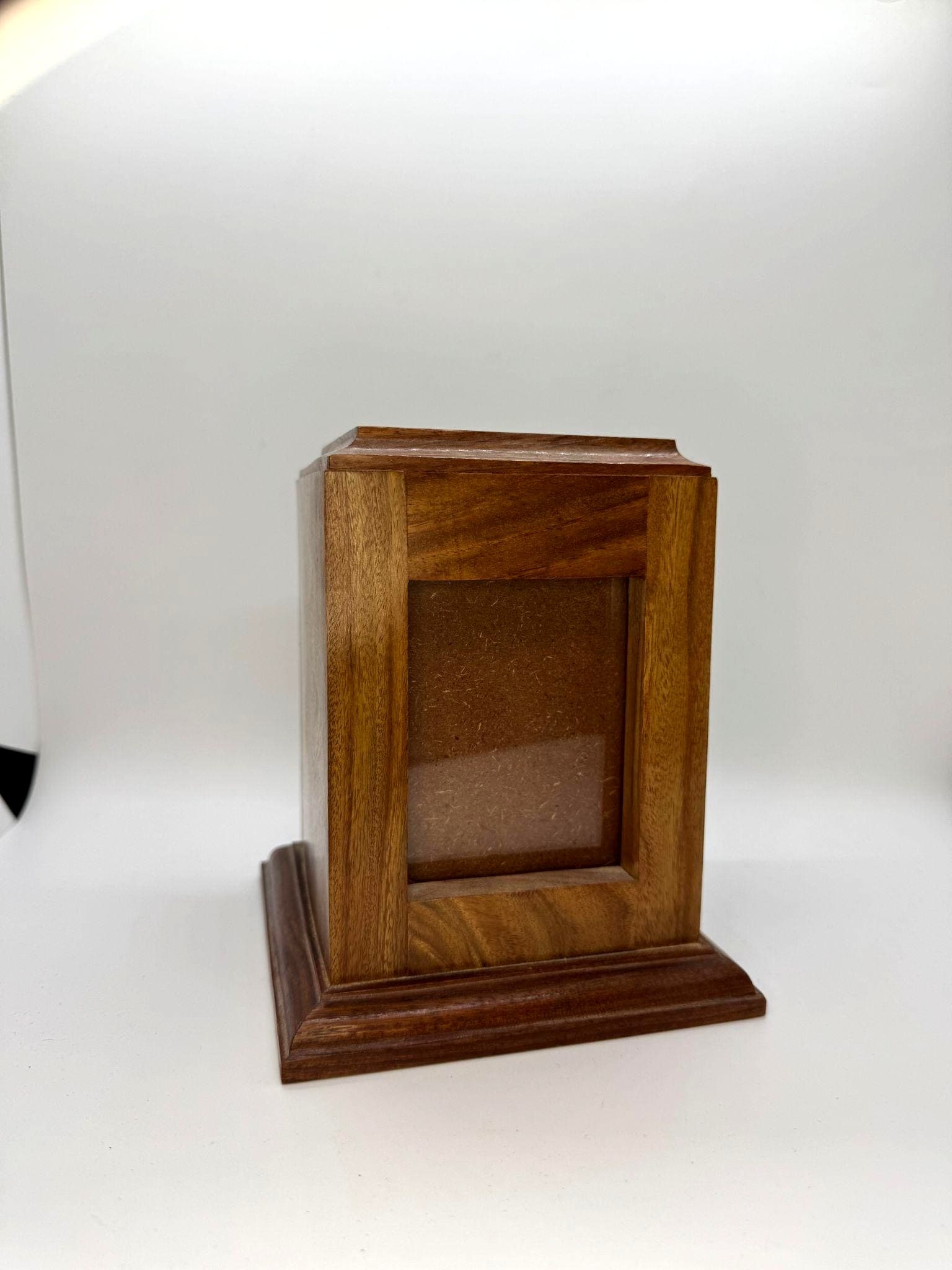 Tower-style rosewood photo urn with frame window.
