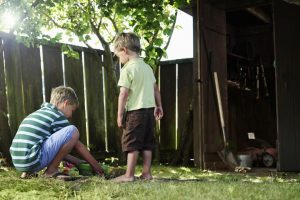 Two boys burying pet in their backyard